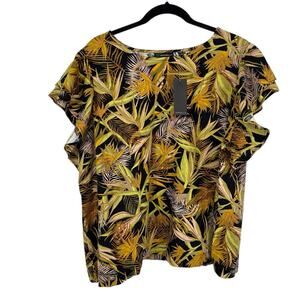 Rafaella Top Plus Size 2X Tropical Linen Blend Flutter Sleeve Roundneck Pullover